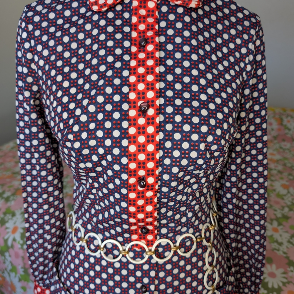 Vintage The Stroller brand 60s 70s blue red white polka dot groovy mod dress - Picture 3 of 7
